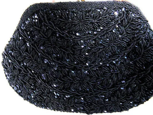 * VINTAGE '60s / '70s GLAMOROUS HAND MADE SPARKLING BLACK BEAD & SEQUIN  EVENING BAG FROM HONG KONG