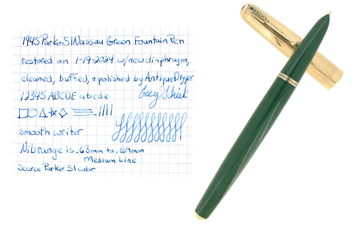 1945 PARKER 51 NASSAU GREEN DOUBLE JEWEL FOUNTAIN PEN RESTORED