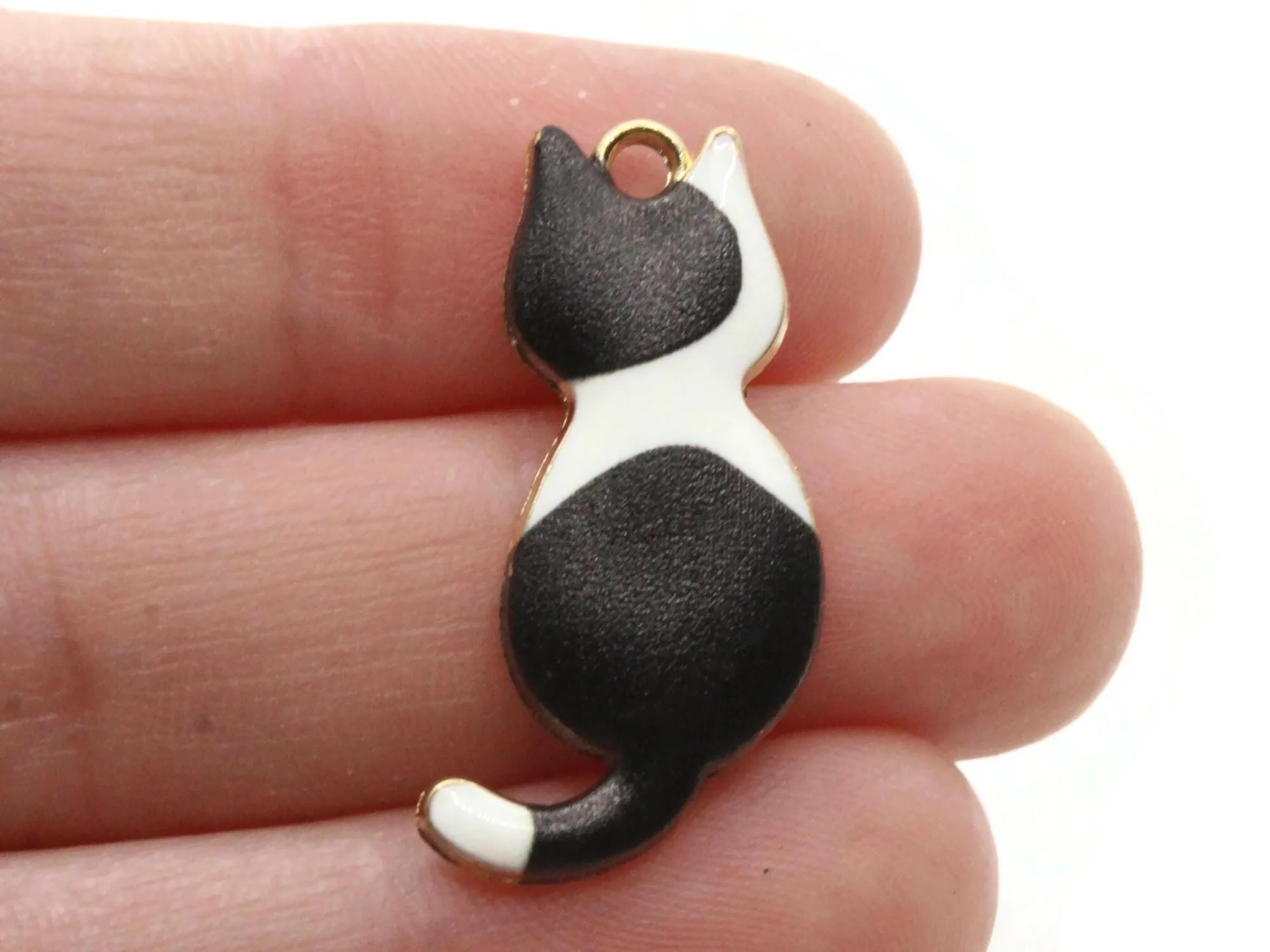 30mm Black and White Spotted Cat Enamel and Gold Tone Pendants