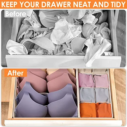 6 Pack Sock Underwear Drawer Organizer Dividers, 58 Cell Foldable Fabric Dresser Closet Organizers and Storage Bins for Clothing, Baby Clothes, Bra, Panty, Scarf, Ties (Beige)