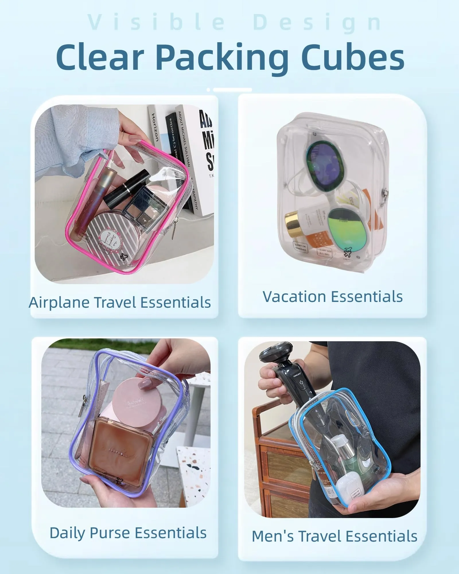 6 Packing Cubes Quart Size Travel Bag TSA Approved Toiletry Bag, Airplane Essentials for Flying, Long Flight European International Must Haves for Women Men Toiletries Liquids Small Clear Pouch