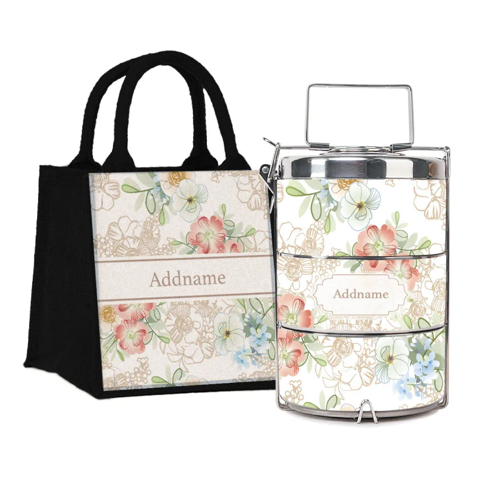 Abstract Fleur Flora Series 3-Tier Premium Medium 13.5cm Tiffin Carrier [FREE Custom Add Name]