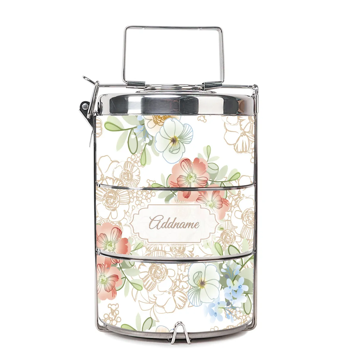 Abstract Fleur Flora Series 3-Tier Premium Medium 13.5cm Tiffin Carrier [FREE Custom Add Name]