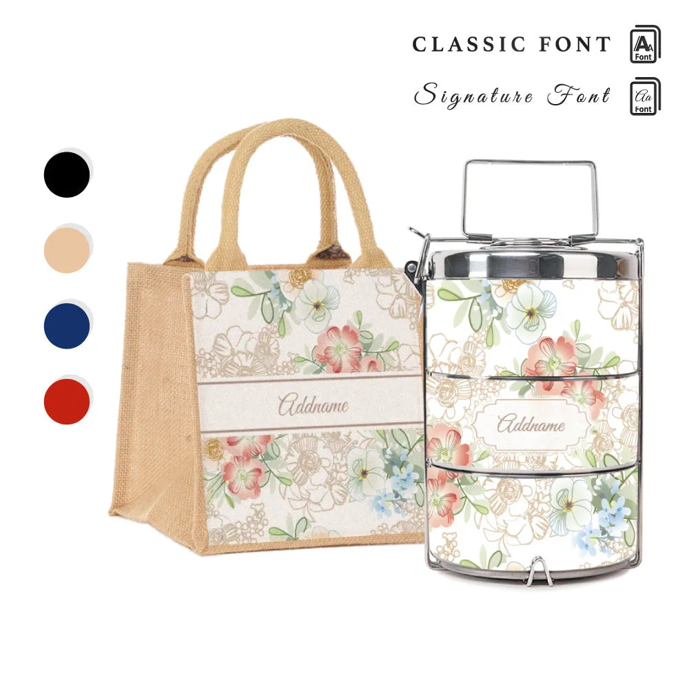 Abstract Fleur Flora Series 3-Tier Premium Medium 13.5cm Tiffin Carrier [FREE Custom Add Name]