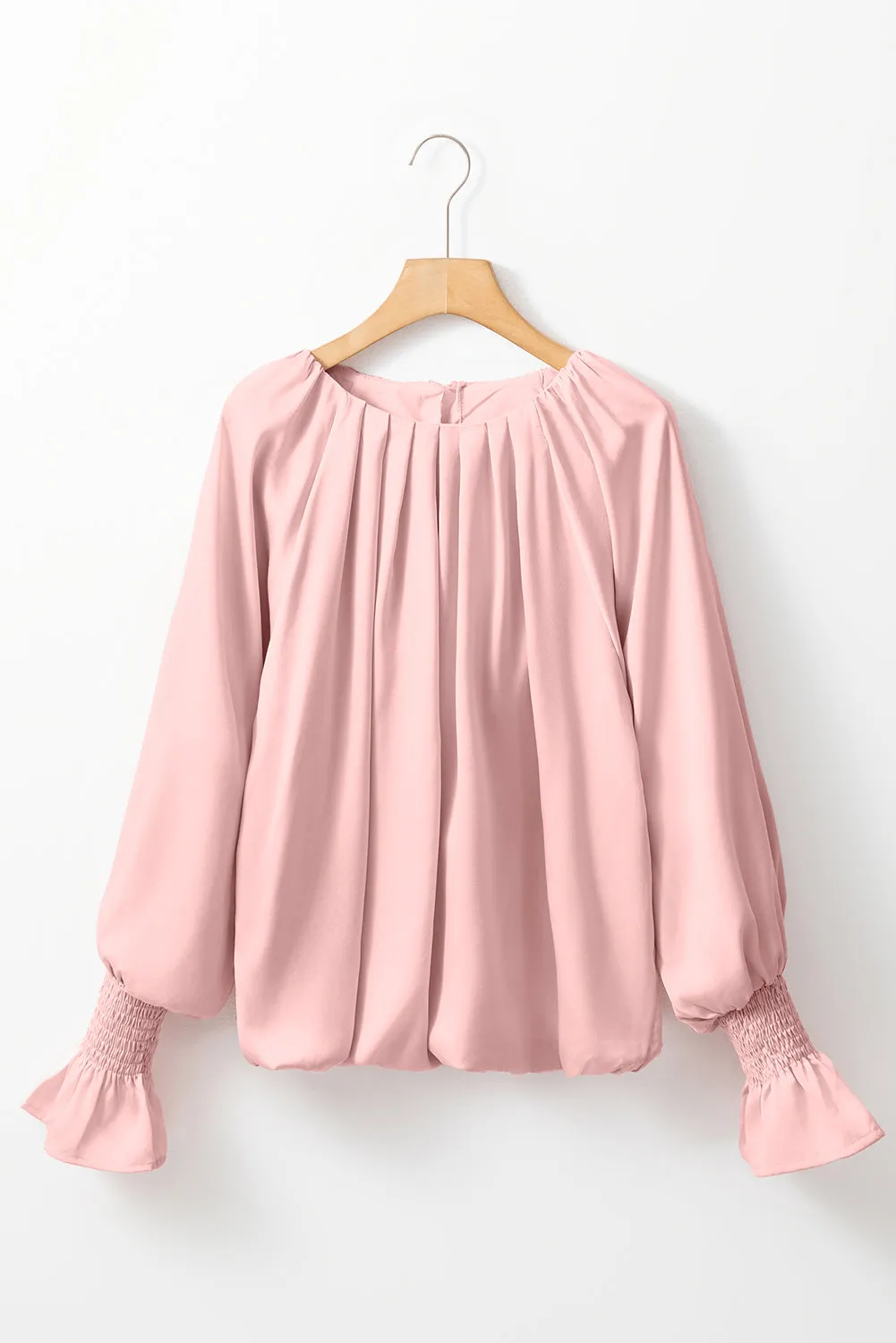 Apricot Pink Pleated Round Neck Smocked Cuffs Satin Blouse