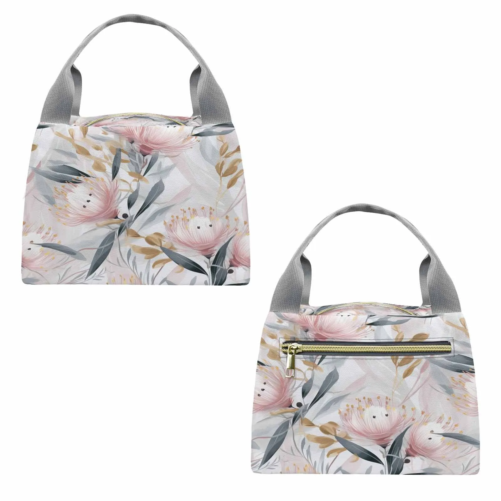 Australian Floral Pink & Grey  Portable Lunch Bag-Grey Handle