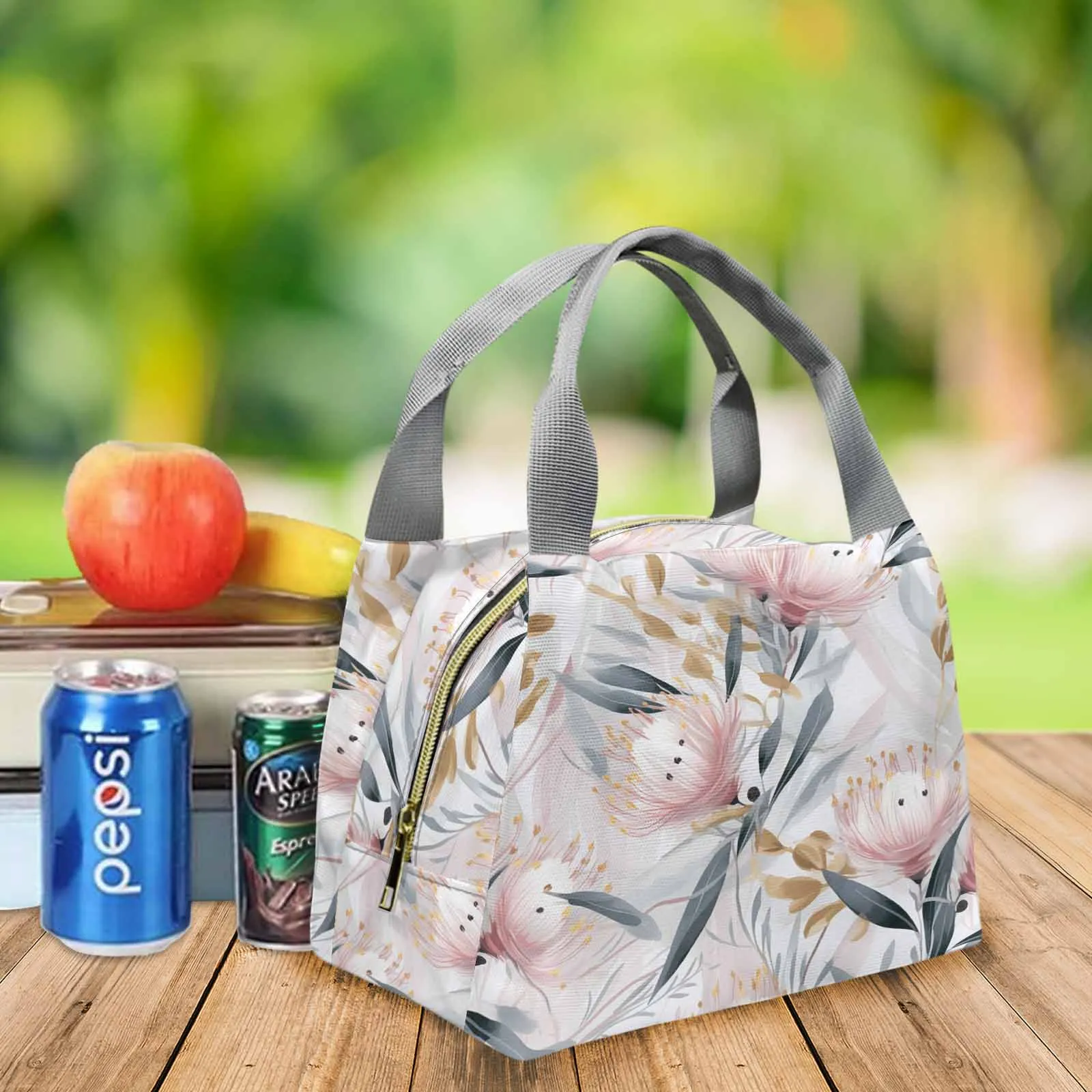 Australian Floral Pink & Grey  Portable Lunch Bag-Grey Handle