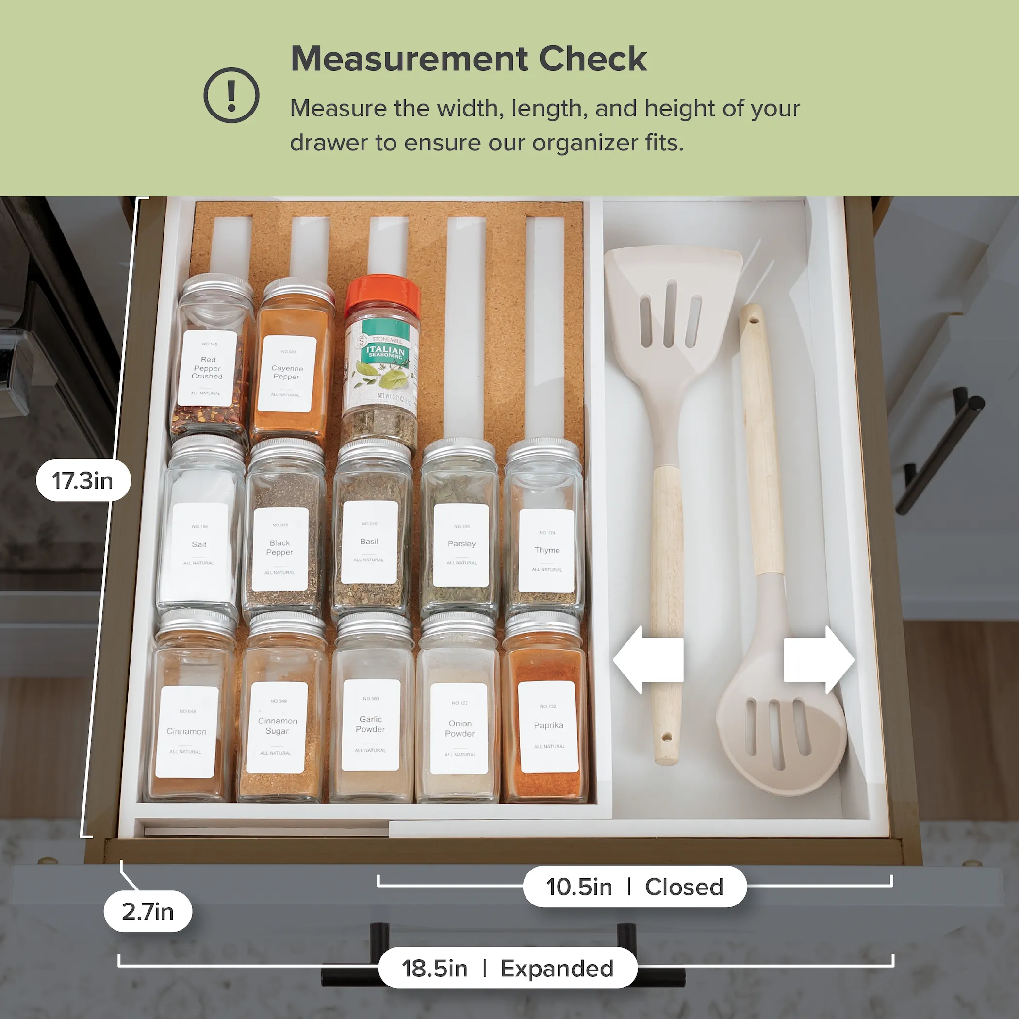 Bamboo Spice Drawer Organizer Whit Finish (Expands 10.5 to 18.5 in)