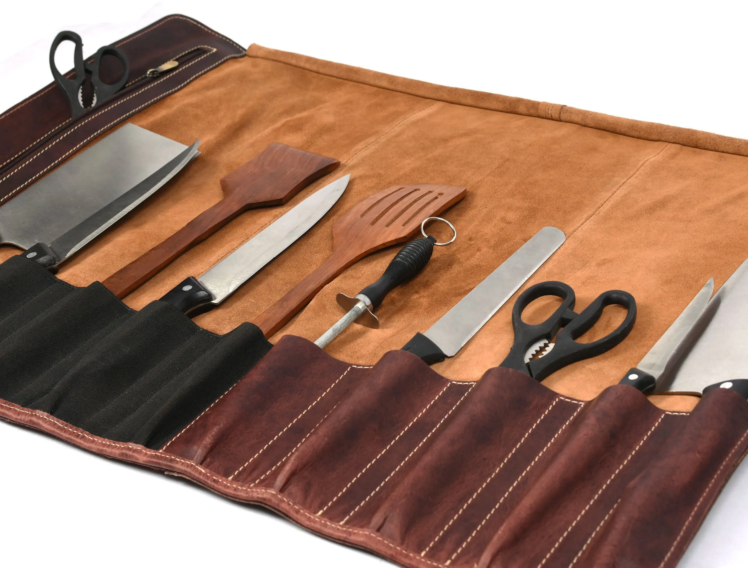 Bend Leather Chef Knife Roll 10 Slot - Walnut Brown