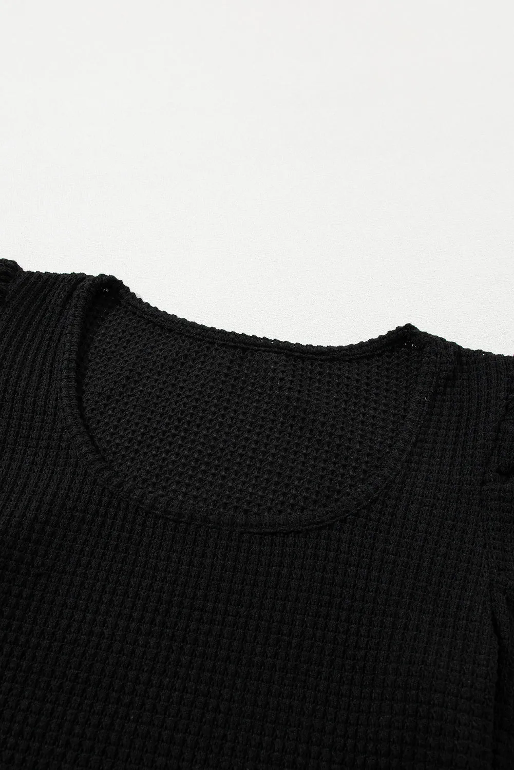 Black Waffle Knit Ruched Puff Sleeve Top