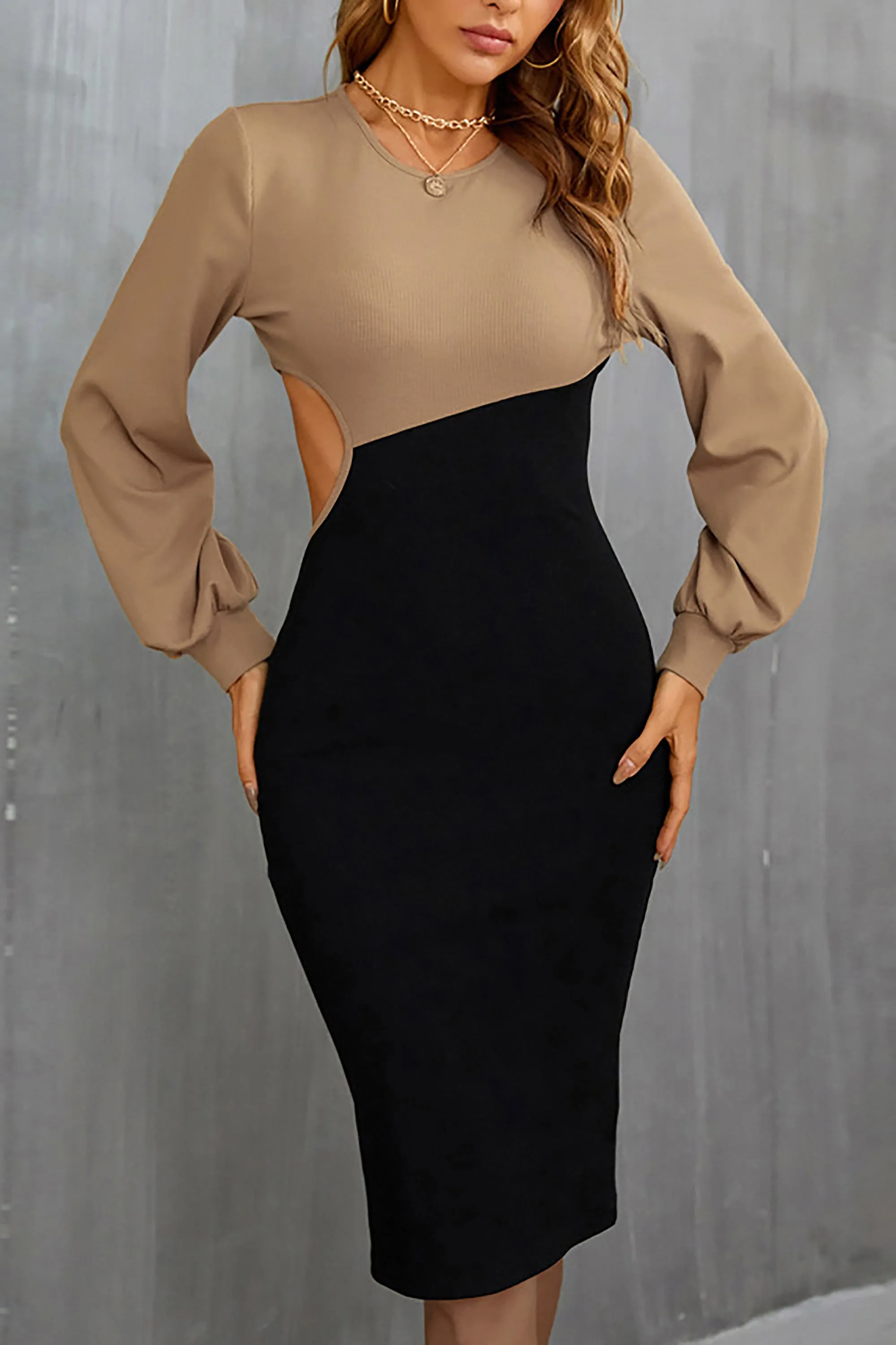 Bonnyshow Spring Elegant Puff Sleeve Color Block Hip Dress