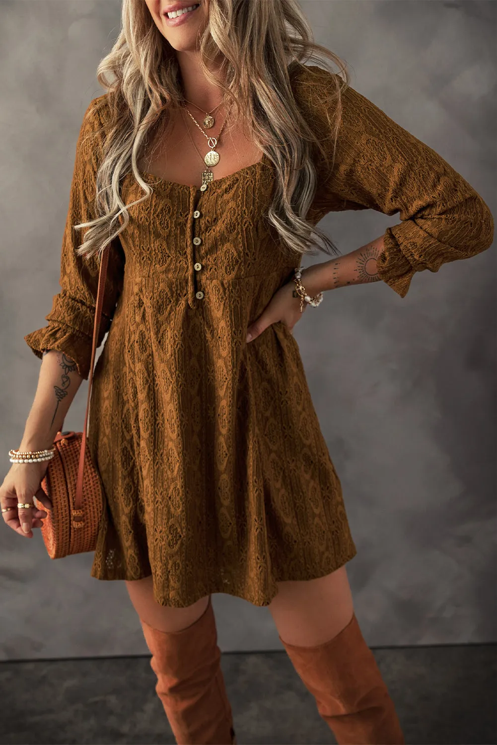 Chestnut Lace Crochet Buttoned Square Neck Mini Dress