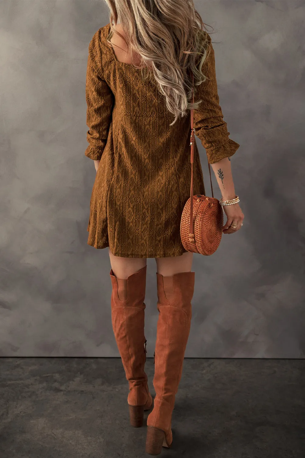 Chestnut Lace Crochet Buttoned Square Neck Mini Dress