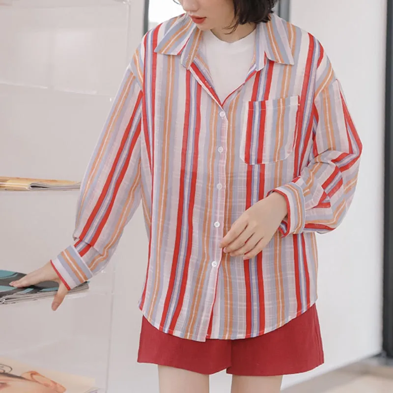 Chiffon Women Thin Shirts Korean Fashion Striped Long Sleeve Casual Pocket Button Up Shirt Designed Loose Female Spring Top