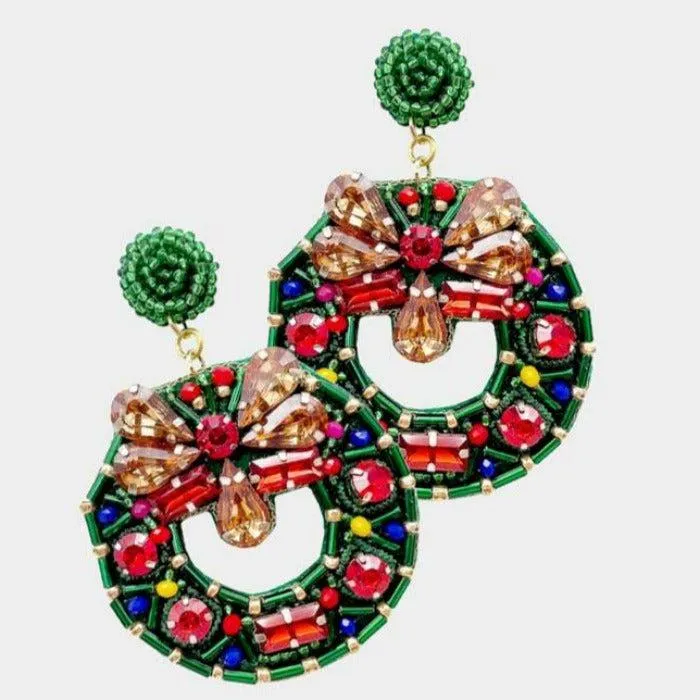 Christmas Wreath Multi Stone Dangle Earrings