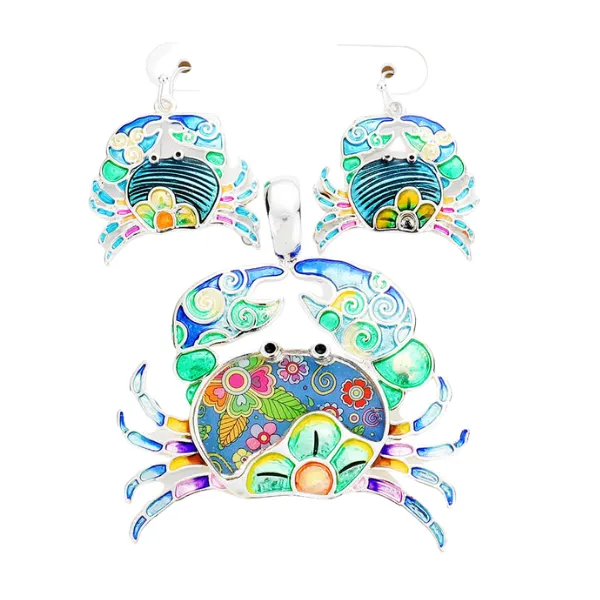 Crab Enamel Pendant Earrings Set