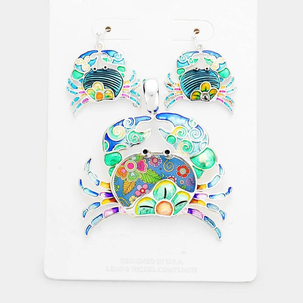 Crab Enamel Pendant Earrings Set