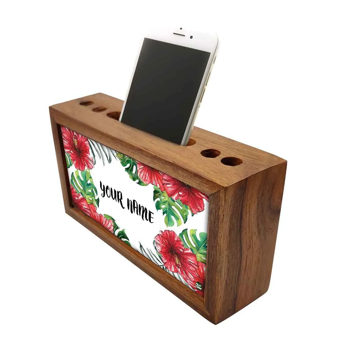 Custom-Made Wooden organizer for desk - Red Hibiscus