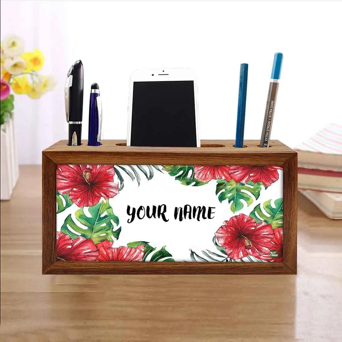 Custom-Made Wooden organizer for desk - Red Hibiscus