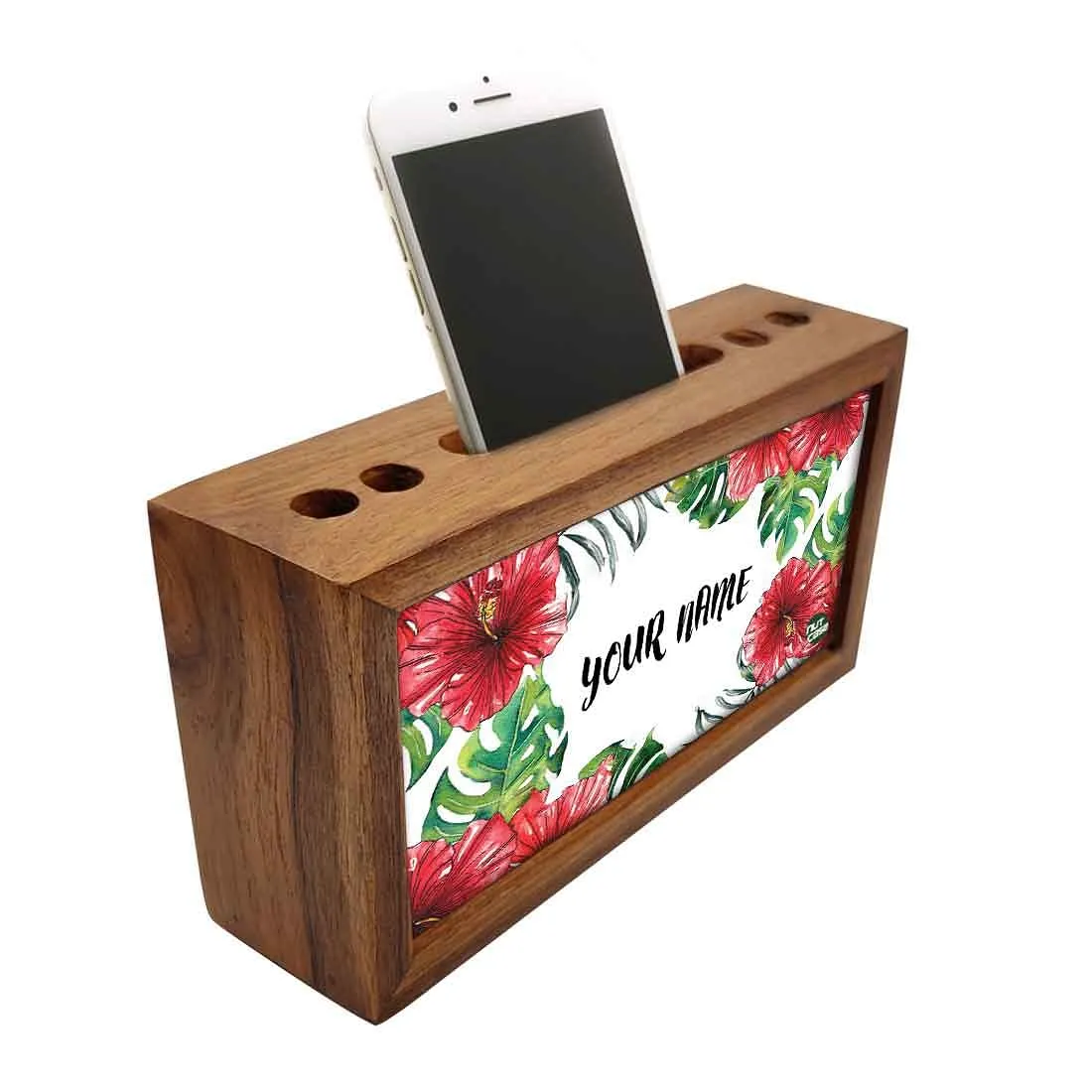 Custom-Made Wooden organizer for desk - Red Hibiscus