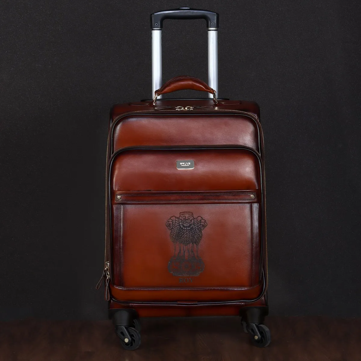 Customized "NATIONAL EMBLEM OF INDIA" Brown Laser Leather Combo of Strolley Bag & Laptop Office Briefcase By Brune & Bareskin