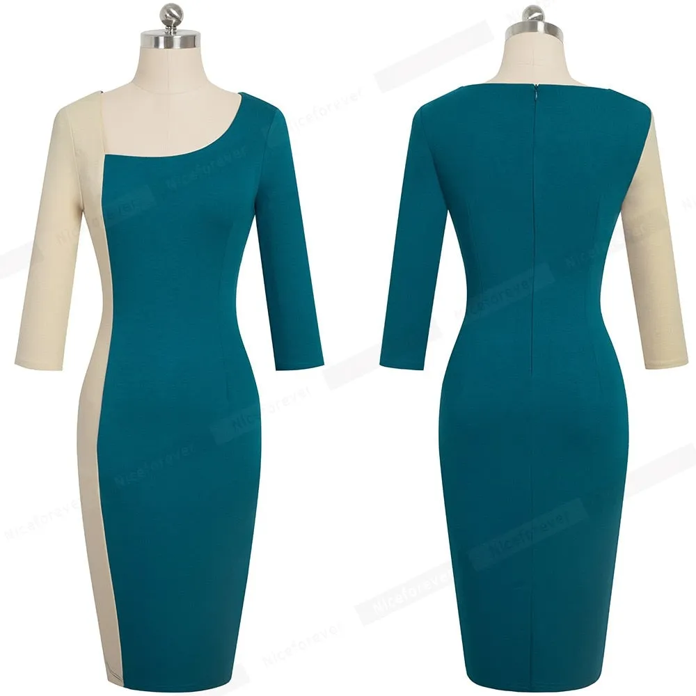 Elegant Contrast Color Patchwork Office vestidos Business Party Bodycon Sheath