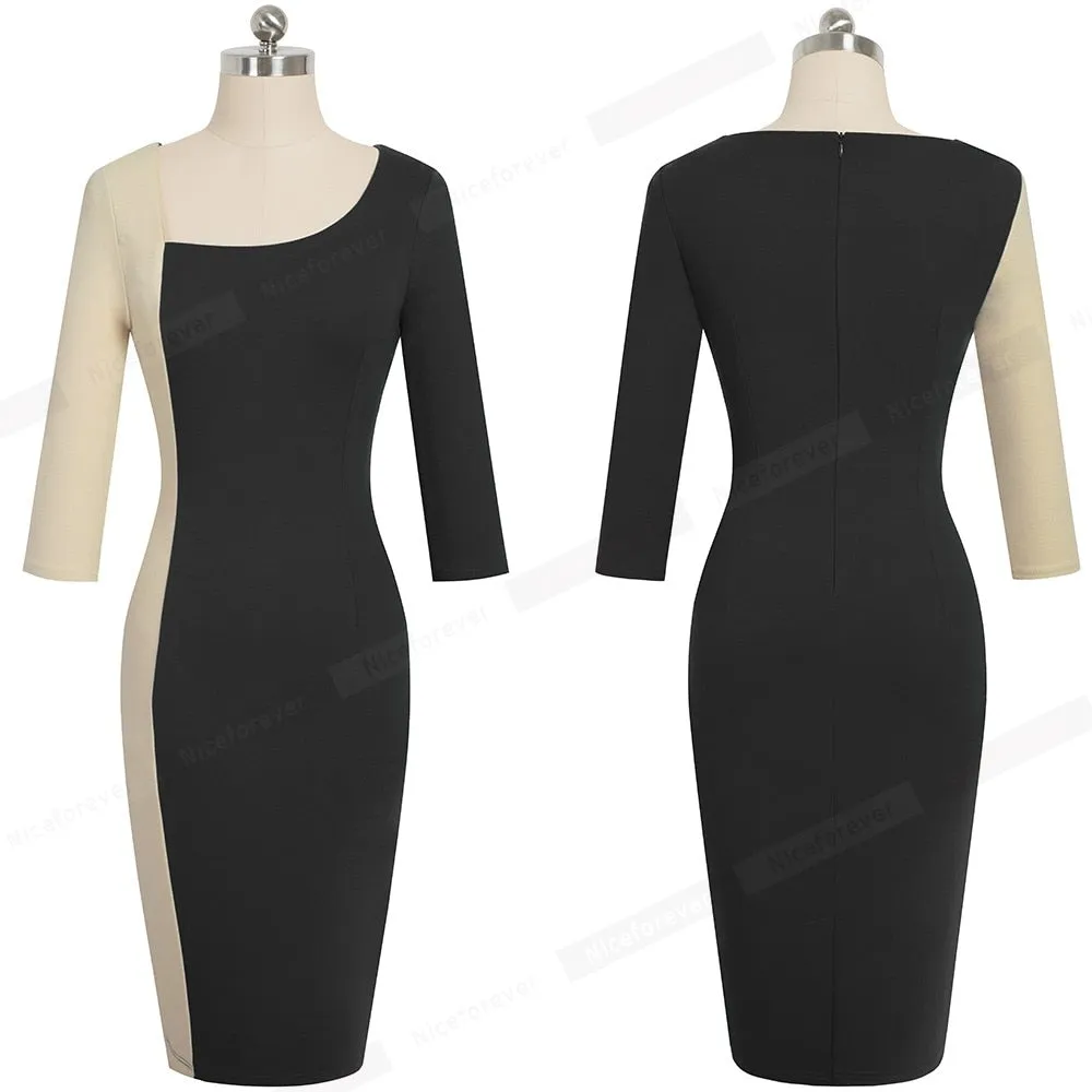 Elegant Contrast Color Patchwork Office vestidos Business Party Bodycon Sheath