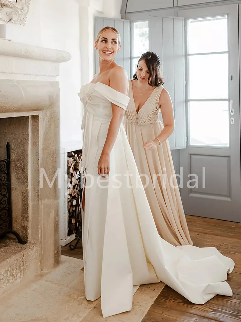 Elegant Off shoulder Side slit Lace applique Wedding Dresses, WDY0265