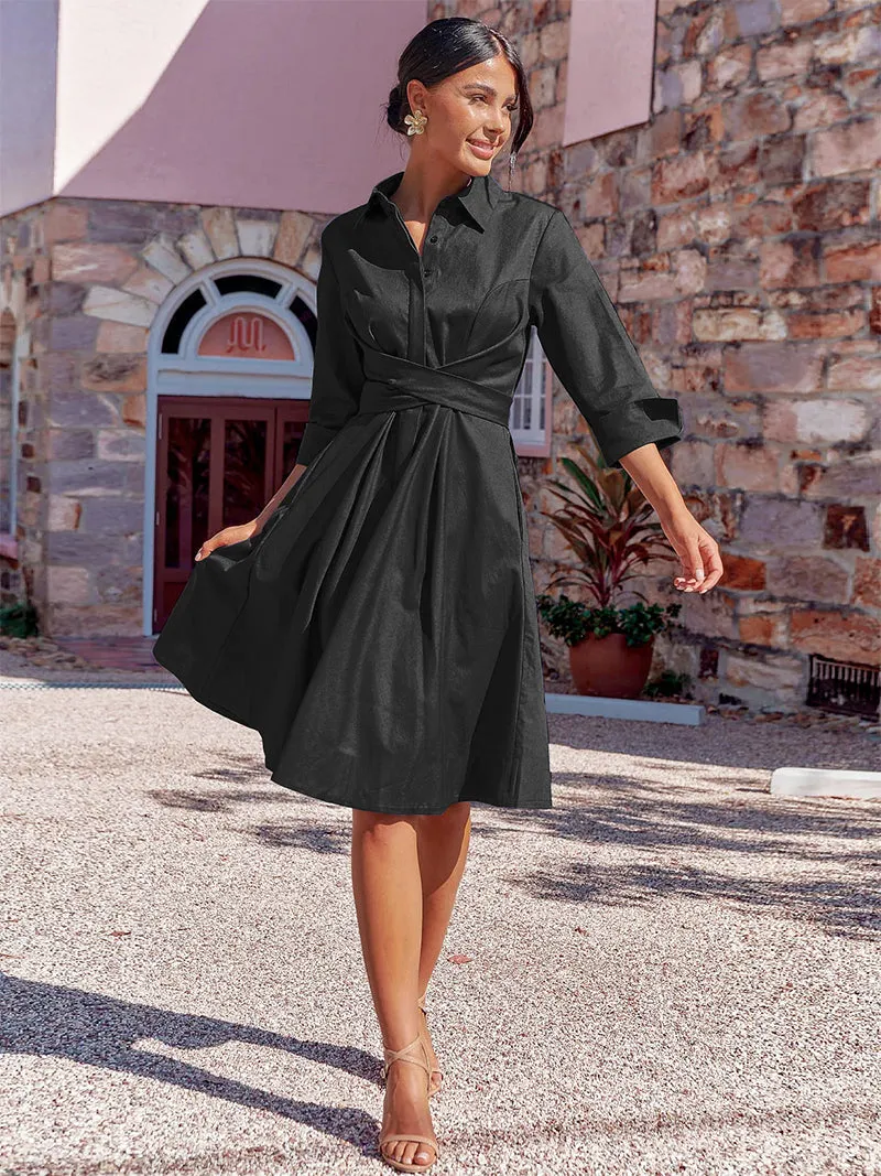 Elegant Solid Bandage Pocket Buttons Turndown Collar Shirt Dress Dresses