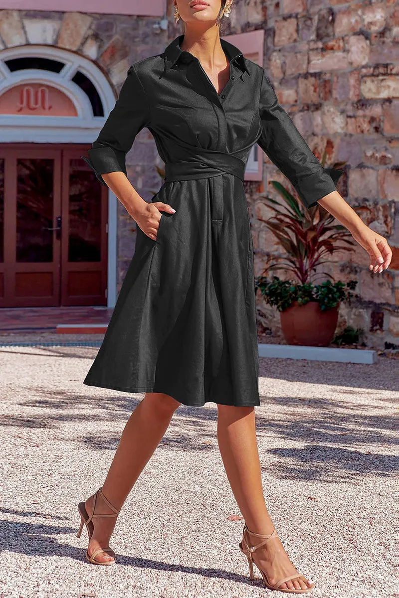 Elegant Solid Bandage Pocket Buttons Turndown Collar Shirt Dress Dresses