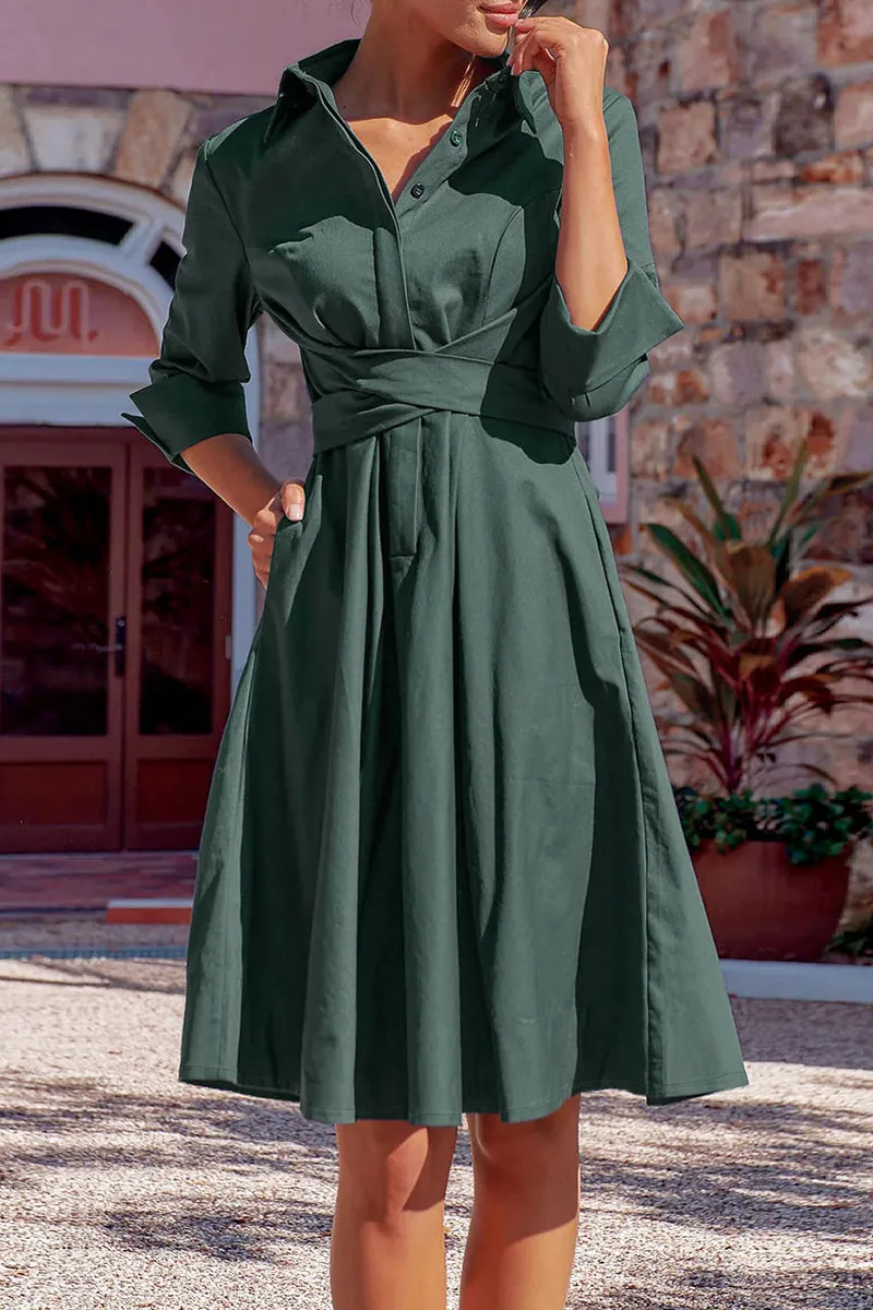 Elegant Solid Bandage Pocket Buttons Turndown Collar Shirt Dress Dresses