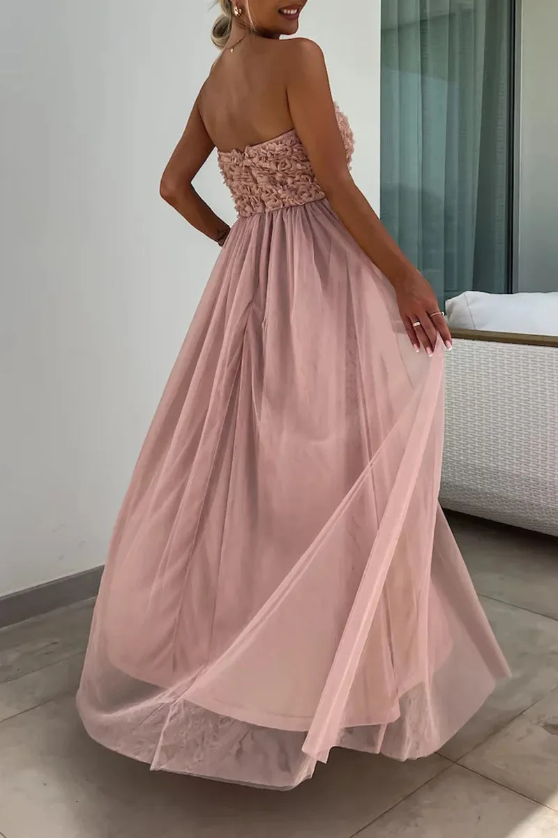 Elegant Solid Flowers Slit Mesh Strapless Sleeveless Dresses