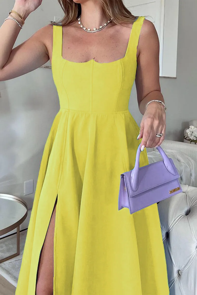 Elegant Solid Slit Square Collar Sleeveless Dress Dresses