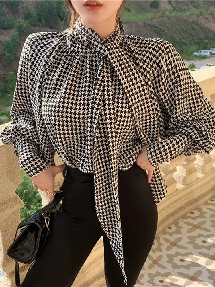 Elegant Women Houndstooth Blouse Fall Long Sleeve Fashion Bow Chiffon Office Ladies Tops Designed Autumn Female Shirt