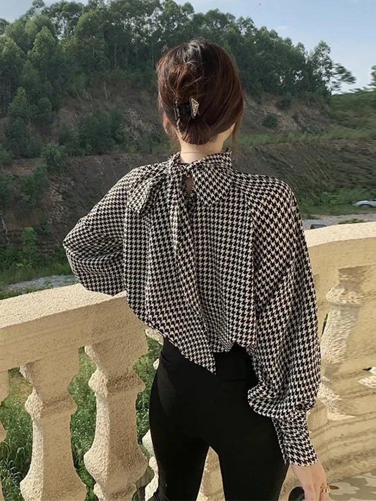 Elegant Women Houndstooth Blouse Fall Long Sleeve Fashion Bow Chiffon Office Ladies Tops Designed Autumn Female Shirt