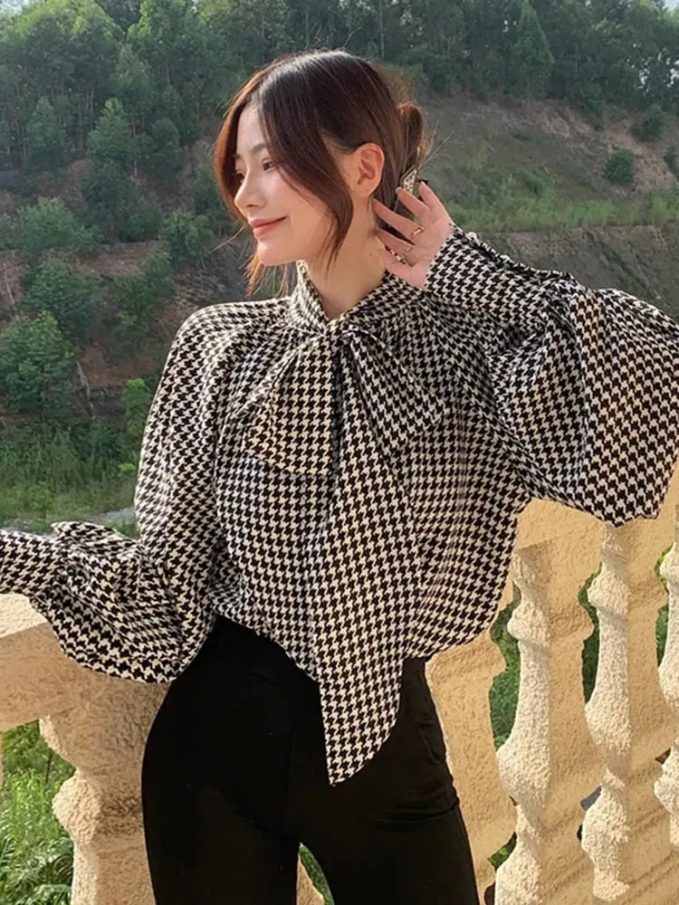 Elegant Women Houndstooth Blouse Fall Long Sleeve Fashion Bow Chiffon Office Ladies Tops Designed Autumn Female Shirt