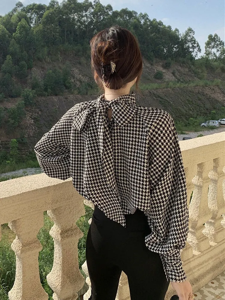 Elegant Women Houndstooth Blouse Fall Long Sleeve Fashion Bow Chiffon Office Ladies Tops Designed Autumn Female Shirt