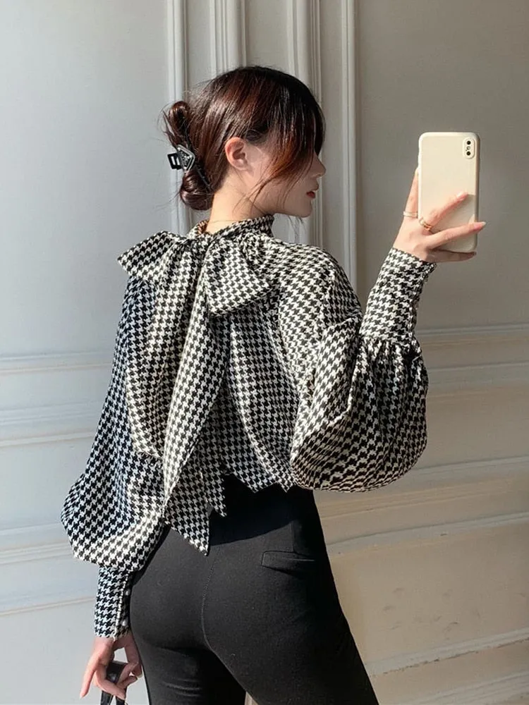 Elegant Women Houndstooth Blouse Fall Long Sleeve Fashion Bow Chiffon Office Ladies Tops Designed Autumn Female Shirt