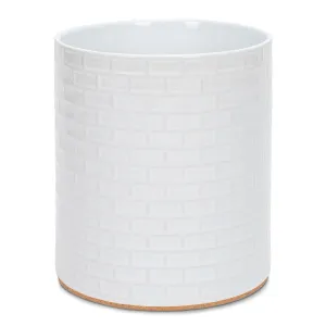 Embossed Subway Tile Ceramic Stoneware Cork Bottom Kitchen Utensil Holder, White