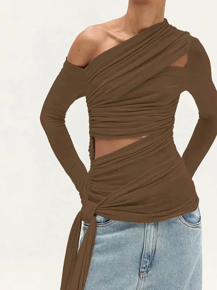 Fashion Asymmetrical T Shirts Cut Out Lace Up One Shoulder Long Sleeve Tops Fall Clothes 2024 Women C85-DD32