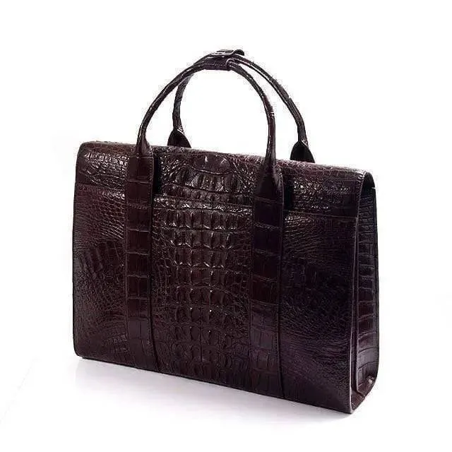 Genuine Crocodile Skin Leather Business Briefcase Bag With Fold over Flap