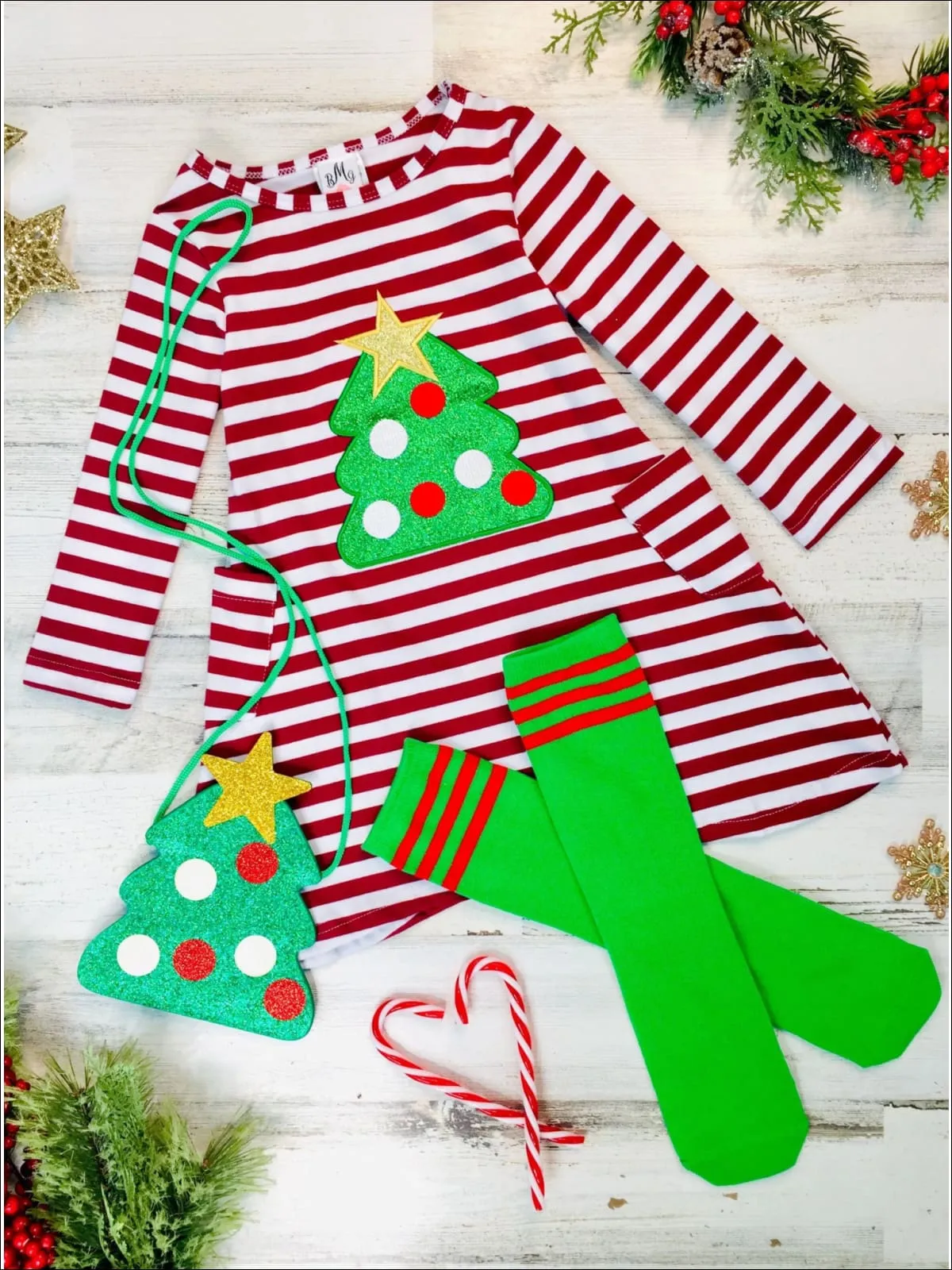 Girls Christmas Tree Striped Pocket Dress, Purse and Socks Set