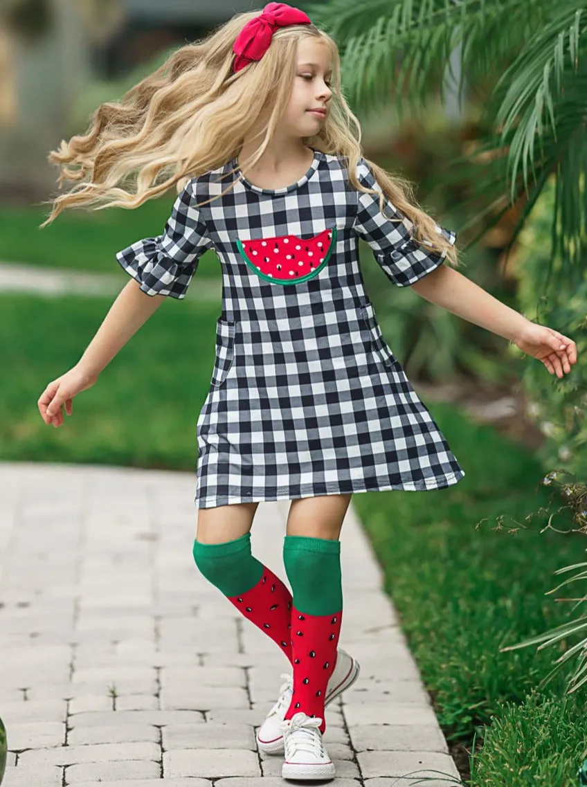 Girls Juice Watermelon Plaid Dress with Sock and Purse Set