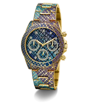 GUESS Ladies Blue Purple Gold Tone Multi-function Watch