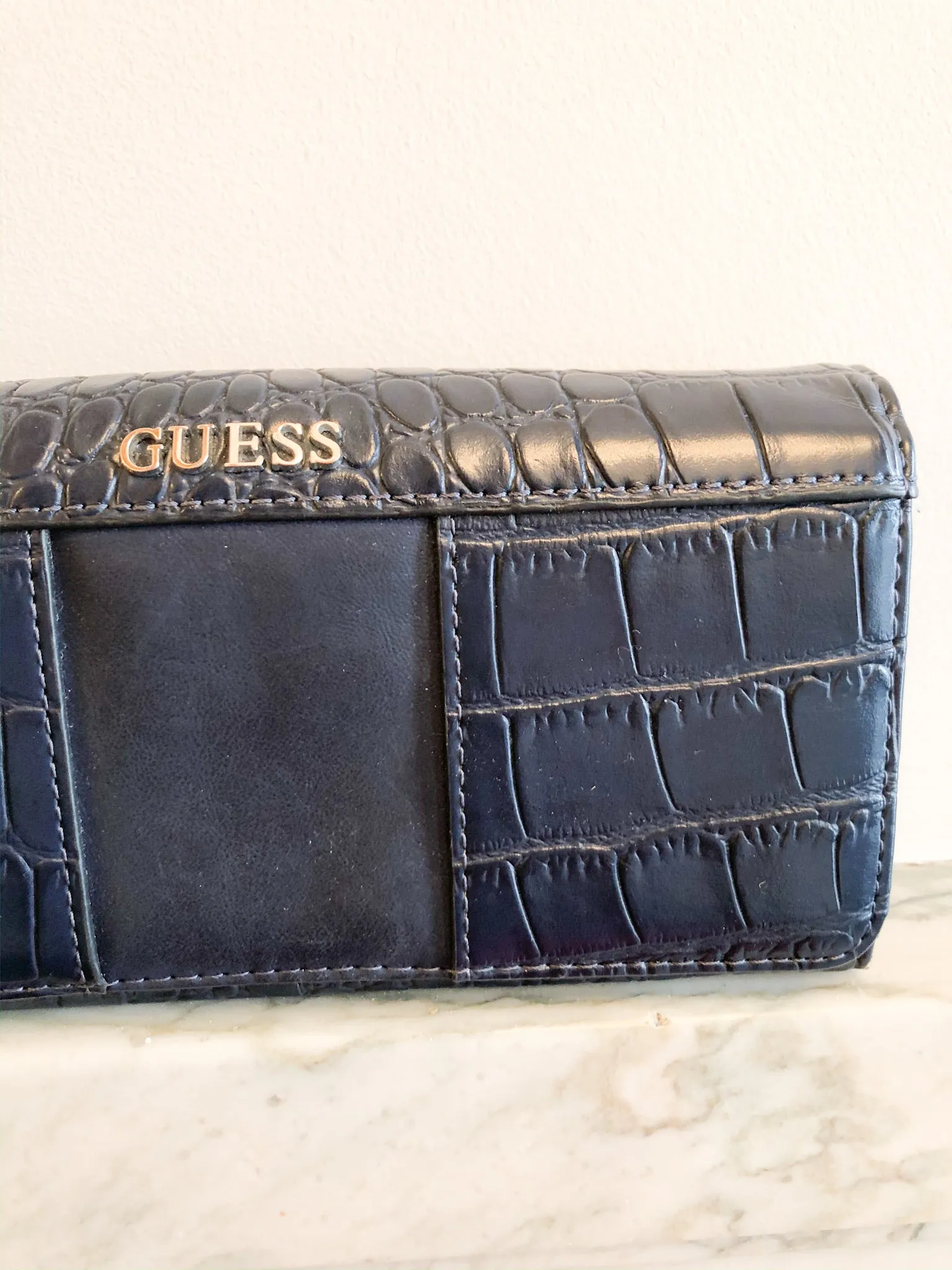 GUESS Navy Faux Croc Tri-Fold Card Wallet