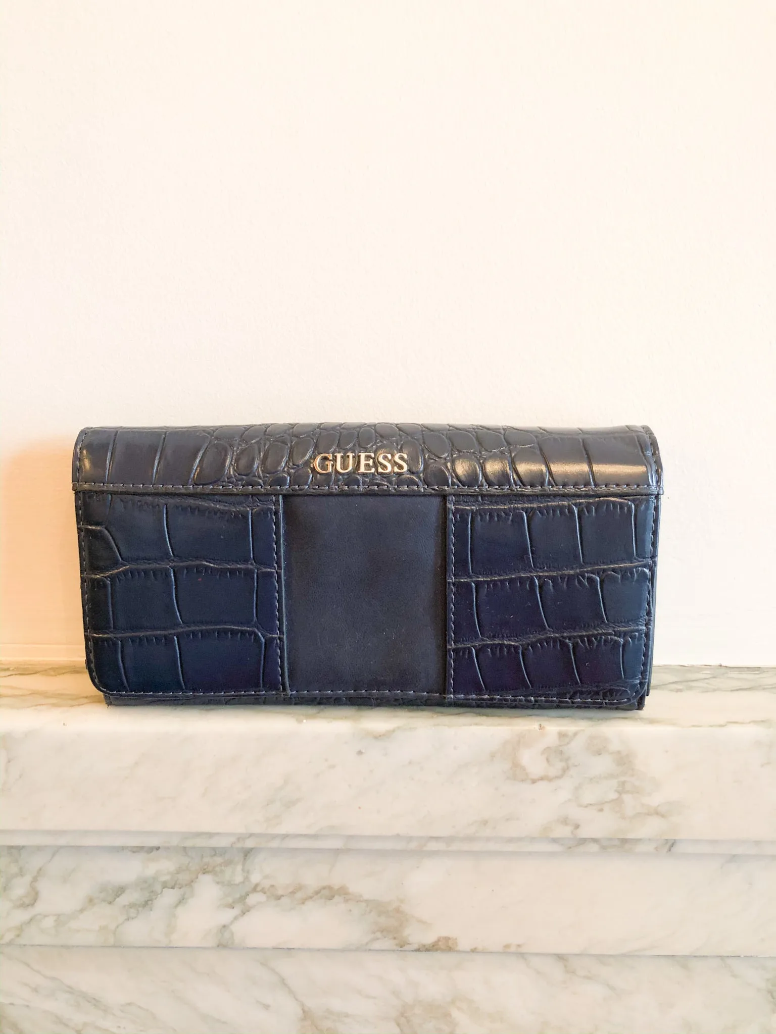 GUESS Navy Faux Croc Tri-Fold Card Wallet