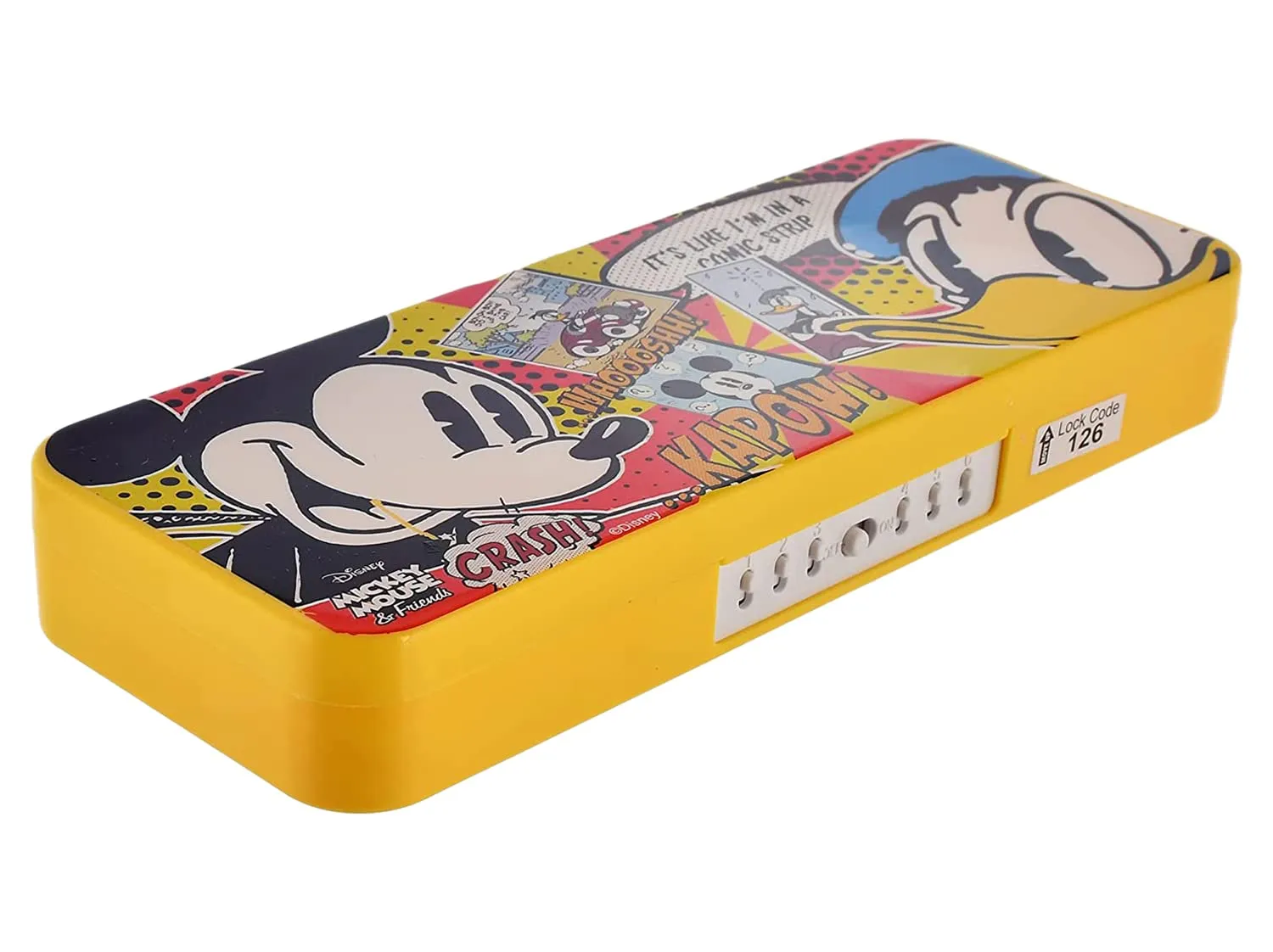 Heart Home Mickey Mouse & Friends Printed Durable Plastic Pencil Box, Pencil Case for School Kids with Number Lock System & Accessories (Yellow)-50HH01274