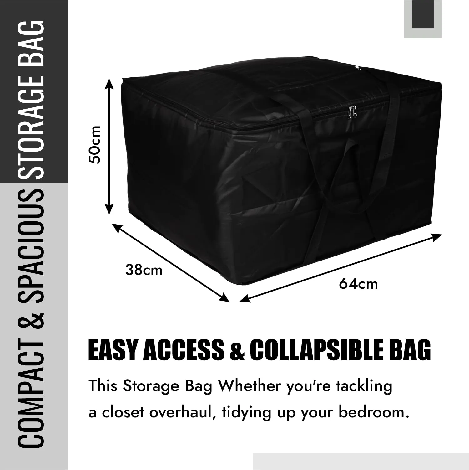 Heart Home Storage Attachi Bag | Parachute Travel Storage Bag | Underbed Storage Bag | Storage Organizer for Clothes | Zipper Closure Blanket Bag with Handle | Large | Black