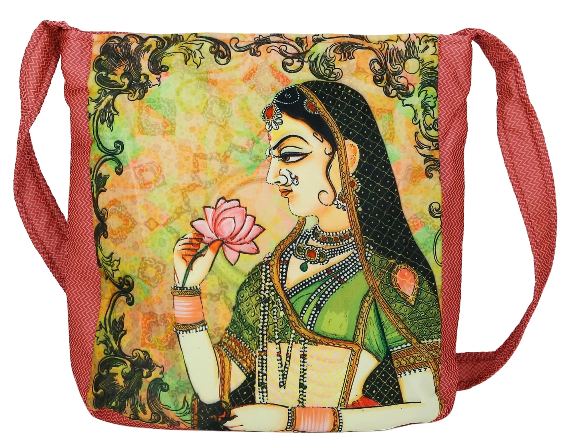 Indian Jhola Bag For Women Digital Print Cross Body Shoulder Bag Fashion Sling Bag Quilted Faux Silk,16x14x3 Inch,Queen With Flower