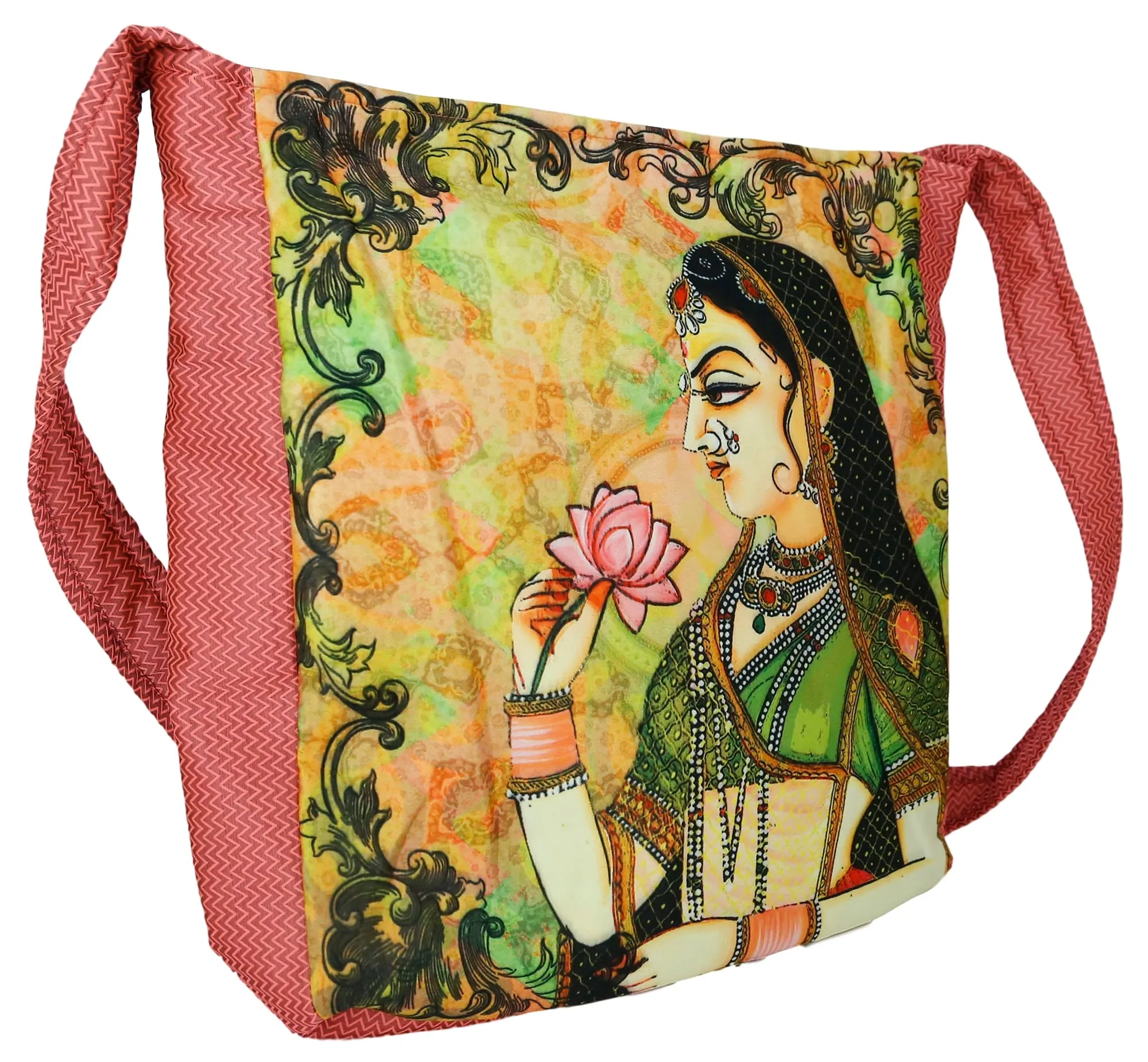 Indian Jhola Bag For Women Digital Print Cross Body Shoulder Bag Fashion Sling Bag Quilted Faux Silk,16x14x3 Inch,Queen With Flower